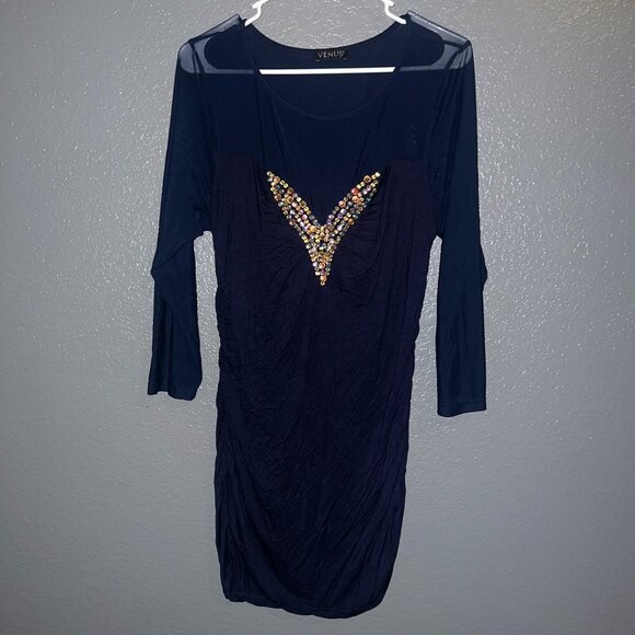 Venus Navy Ruched Dress with Embellished Detail - Size Medium - Picture 1 of 5